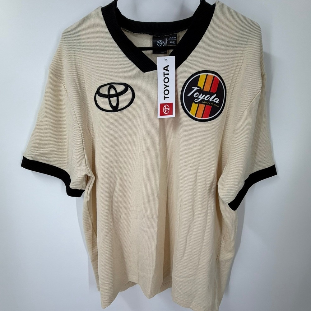 Toyota Land Cruiser Retro Ringer T-Shirt Cream Black Ribbed Knit Mens XL NEW